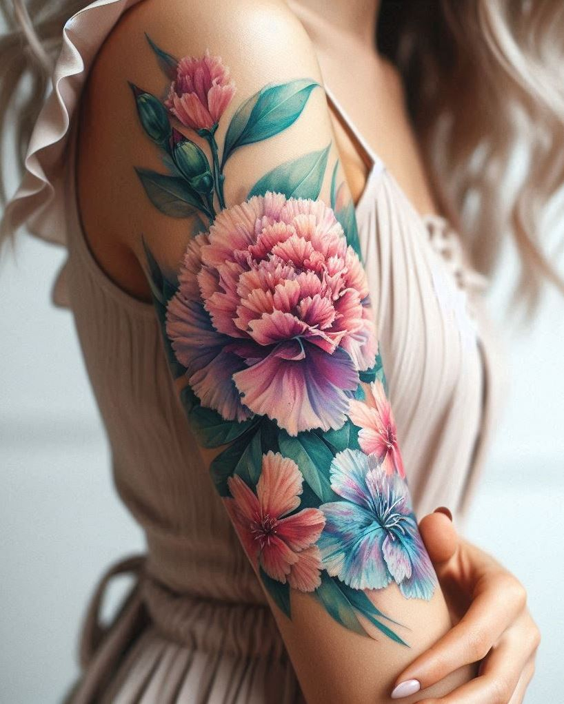 January babies, embrace the delicate beauty of a watercolor carnation tattoo. The soft, flowing hues capture the essence of winter elegance with a splash of creativity!