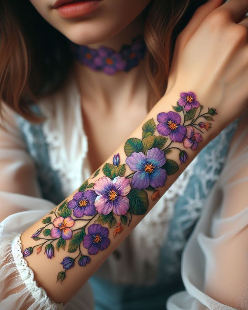 Celebrate your February birth with a violet watercolor splash tattoo. These vibrant blooms paired with splashes of color create a stunning and artistic tribute to your birth month!