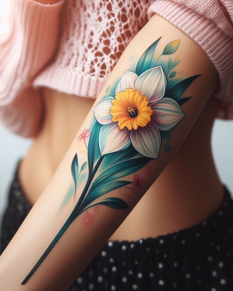 March-born? Adorn your skin with a single daffodil tattoo. This beautiful flower captures the essence of renewal and optimism, just in time for spring!