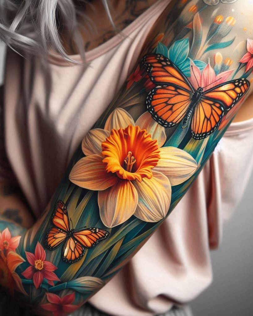 Celebrate March with a daffodil and butterfly tattoo. This delightful design symbolizes new beginnings and transformation, capturing the essence of springtime magic on your skin!
