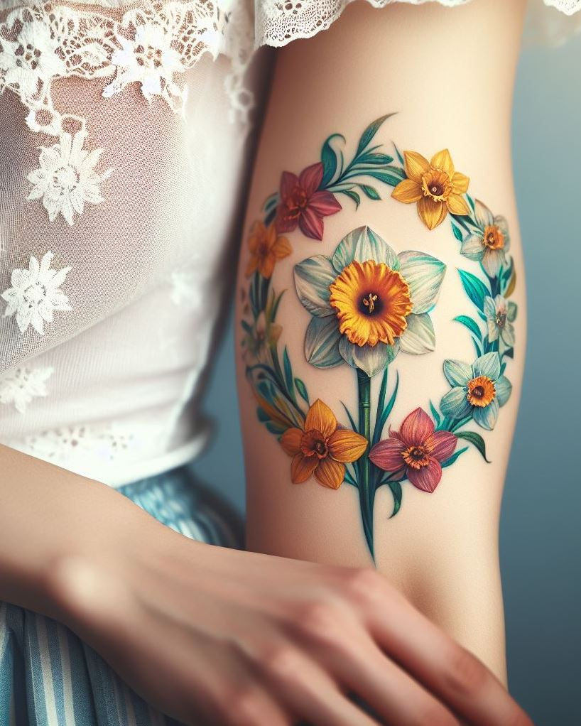 Celebrate March with a daffodil wreath tattoo. This vibrant design symbolizes renewal and the arrival of spring, perfect for adding a touch of nature's beauty to your ink!