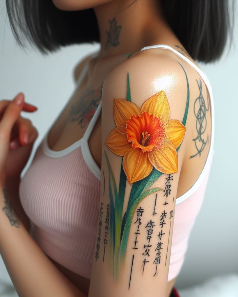 March-born? Adorn your skin with a daffodil and script tattoo. This lovely blend of floral charm and inspiring script adds a personal touch to your ink!