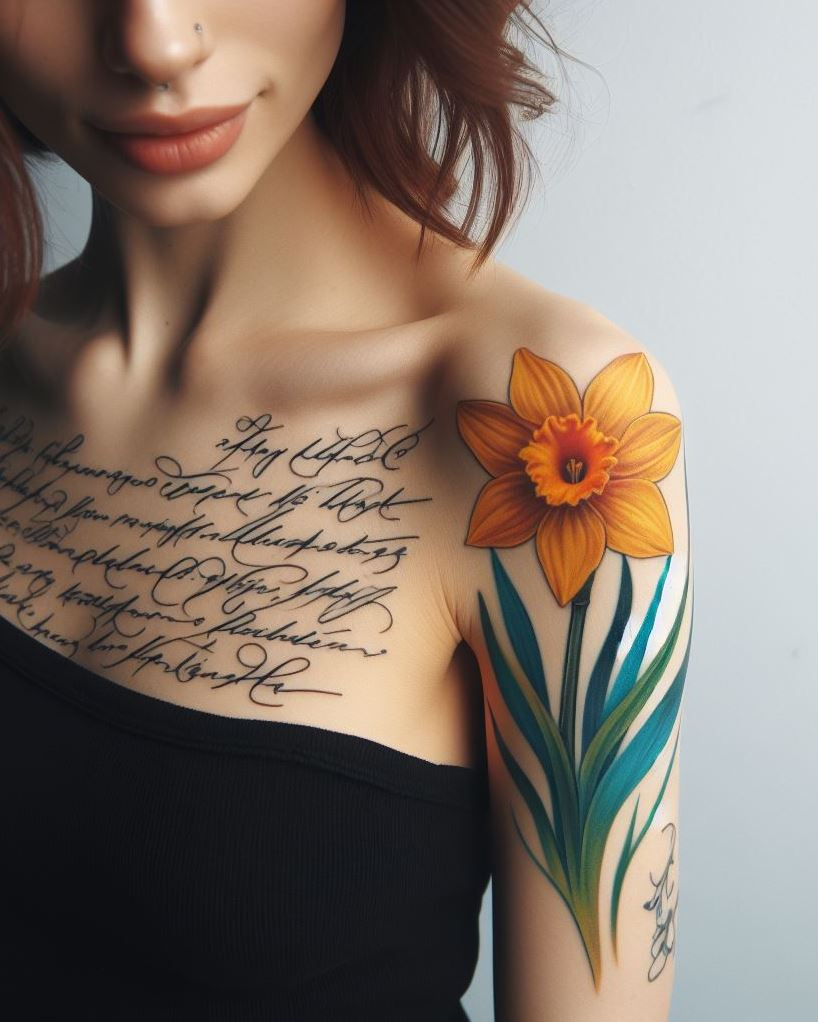 Show off your March pride with a daffodil and script tattoo. These vibrant blooms paired with heartfelt words make a beautiful and meaningful statement!