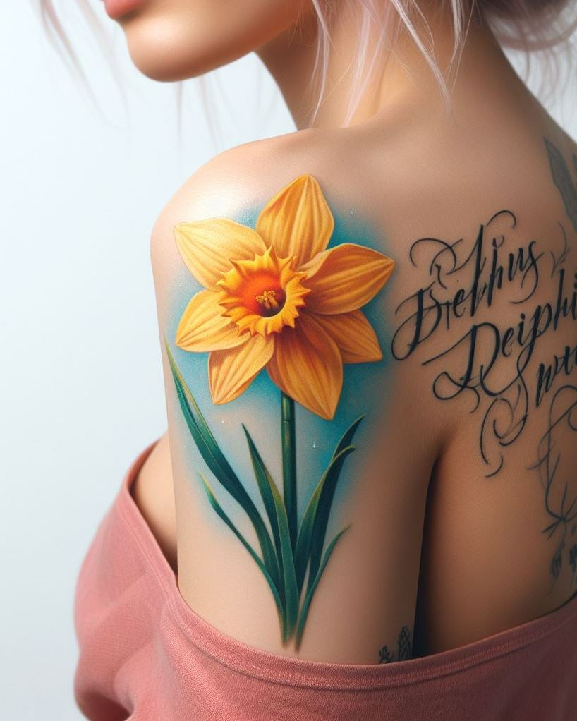 Embrace the essence of spring with a daffodil and script tattoo. Perfect for March babies, this design combines delicate flowers with uplifting words!