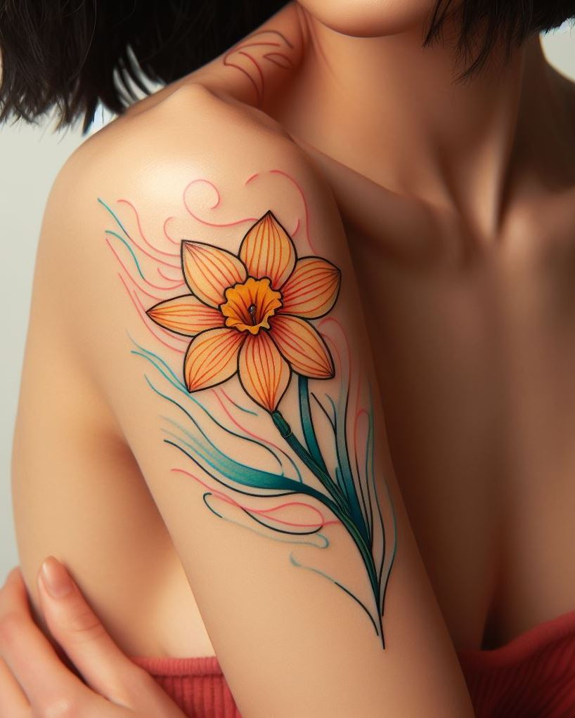 Celebrate March with a minimalist daffodil tattoo. These clean, simple lines capture the essence of renewal and fresh starts, perfect for adding a touch of spring elegance to your ink!