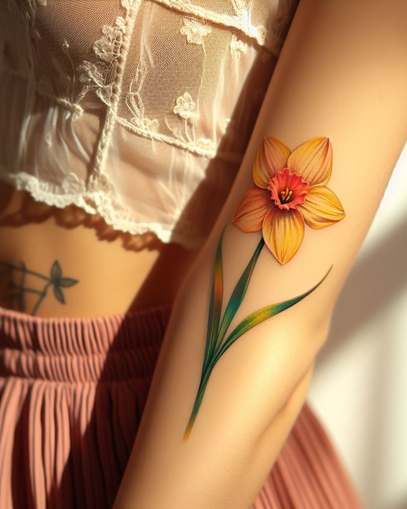 Celebrate your March birth with a minimalist daffodil tattoo. This refined design captures the purity and elegance of daffodils, symbolizing new beginnings!