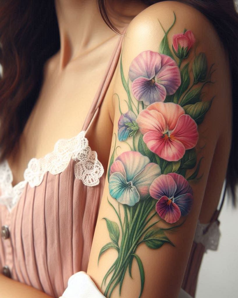 Celebrate April with a sweet pea bouquet tattoo. This delicate design symbolizes blissful pleasure and farewell, adding a touch of elegance and charm to your ink!