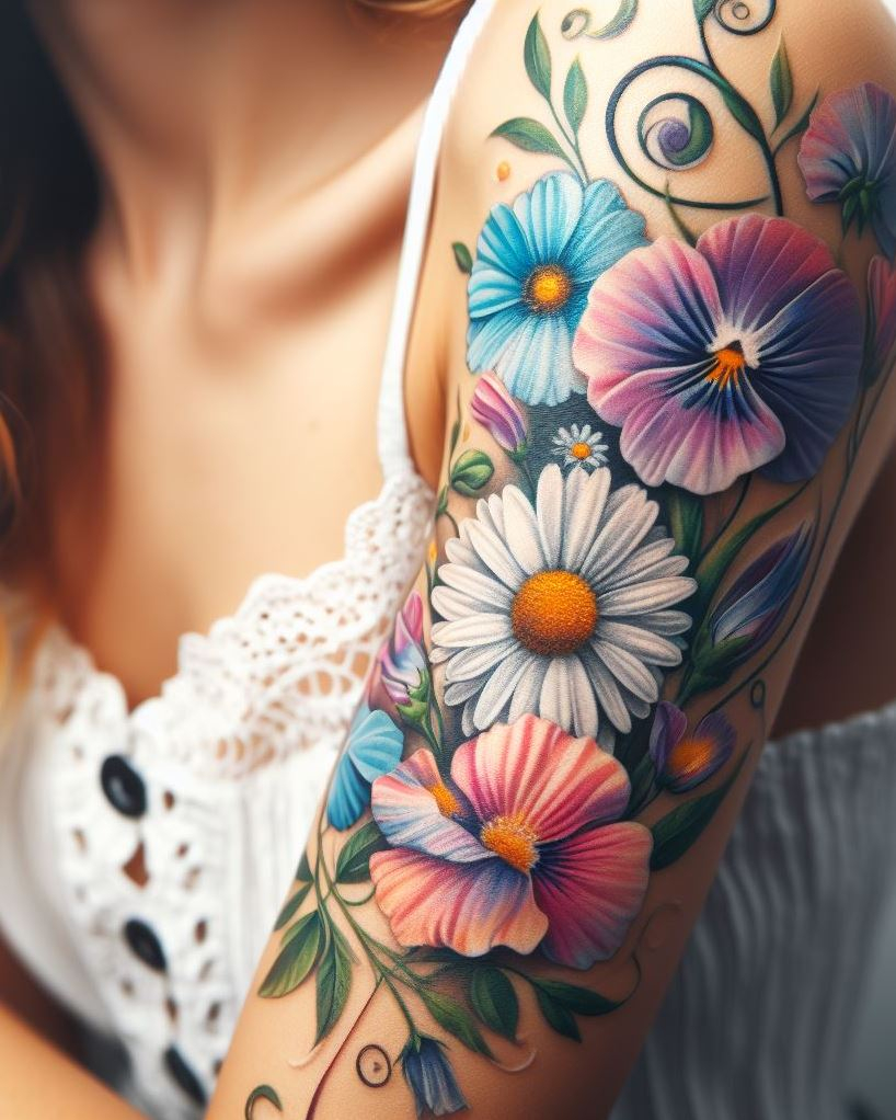 Show off your April pride with a daisy and sweet pea mix tattoo. These blooms blend the playful charm of daisies with the elegant grace of sweet peas!
