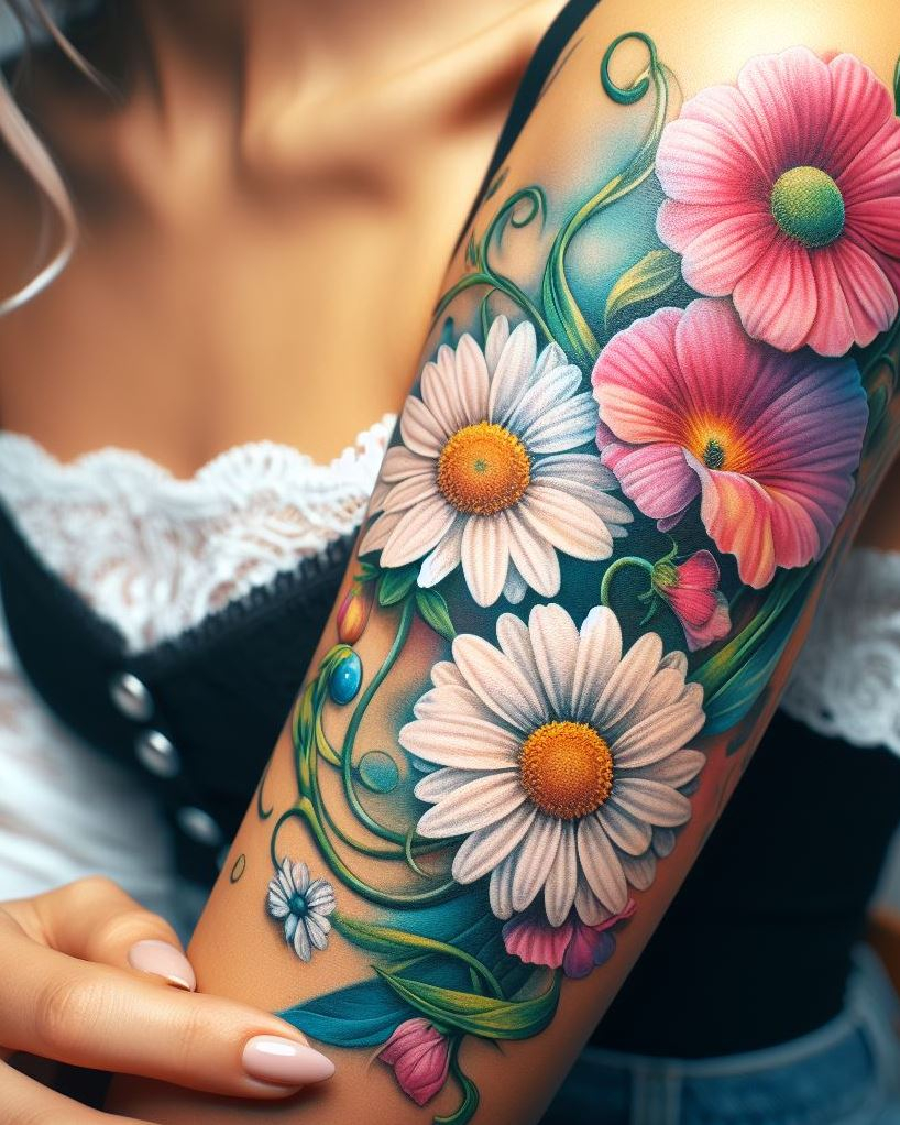 Embrace the essence of April with a daisy and sweet pea mix tattoo. This lovely design captures the spirit of renewal and the joy of springtime blossoms!
