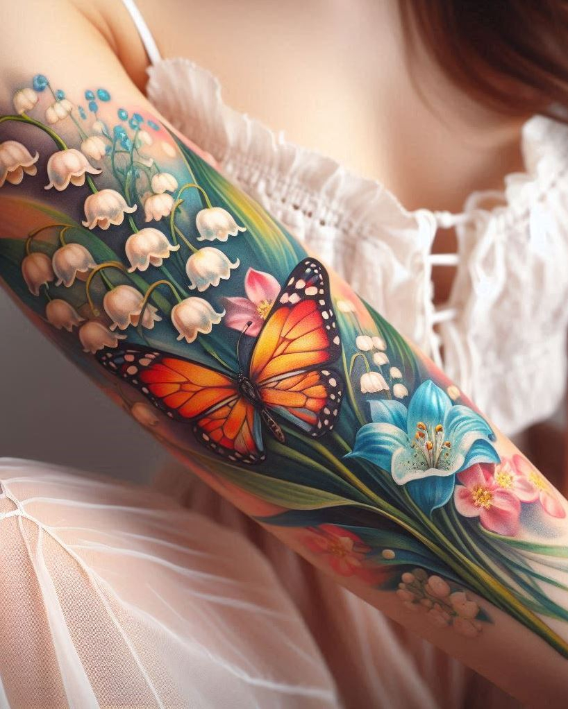 Celebrate May with a lily of the valley and butterfly tattoo. This beautiful design symbolizes purity and transformation, perfect for adding a touch of elegance and metamorphosis to your ink!