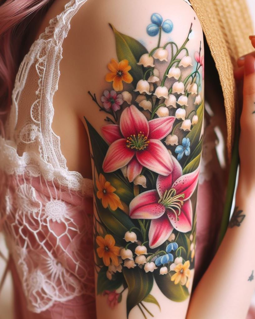 Birth Flowers Tattoos: Embrace the spirit of May with a hawthorn and lily mix tattoo. These delicate flowers symbolize renewal and resilience, perfect for celebrating your birth month!