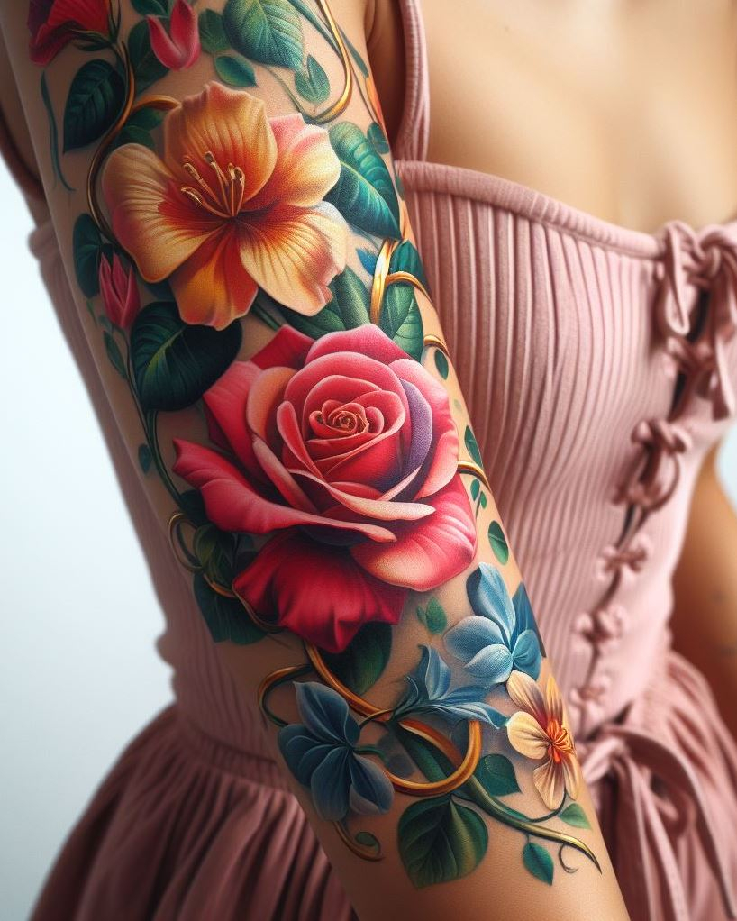 Birth Flowers Tattoos: June-born? Adorn your skin with a mix of rose and honeysuckle tattoos. These flowers symbolize passionate love and the joy of summer, bringing a delightful blend of beauty to your ink!