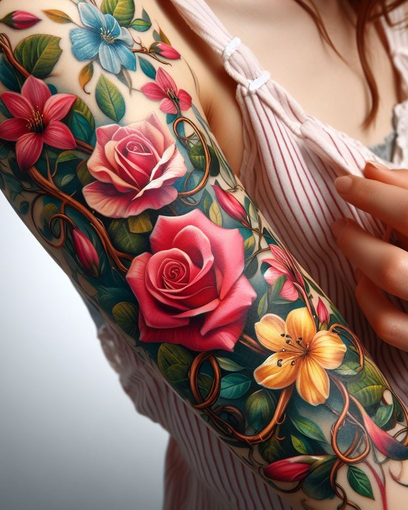 Celebrate June with a stunning mix of rose and honeysuckle tattoos. This beautiful combination captures the essence of love and sweet affection, perfect for adding a touch of summer romance to your ink!