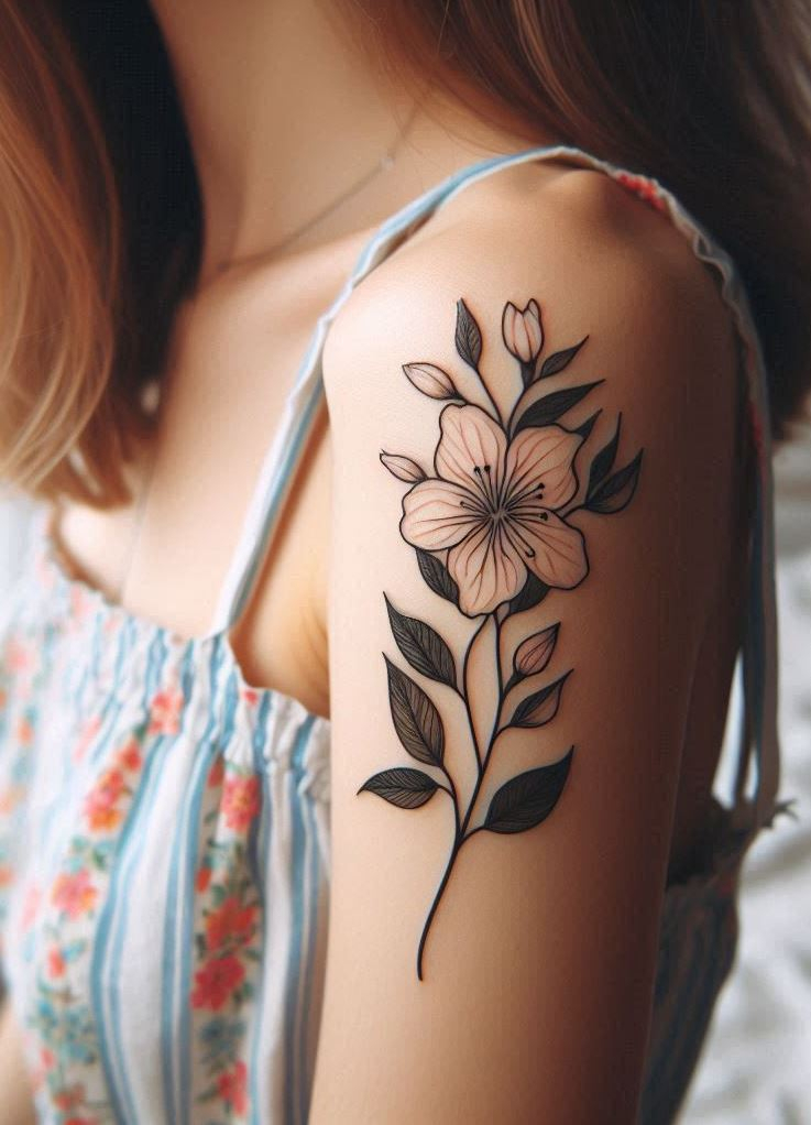 Celebrate June with a minimalist honeysuckle tattoo. These simple yet elegant lines capture the sweet charm and allure of summer, perfect for a subtle touch of nature on your skin!