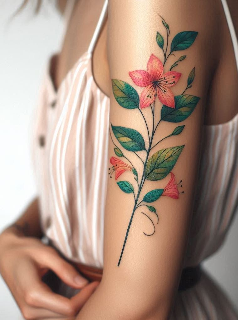 Show off your June pride with a minimalist honeysuckle tattoo. Clean lines and understated beauty make this flower a perfect tribute to the summer season!