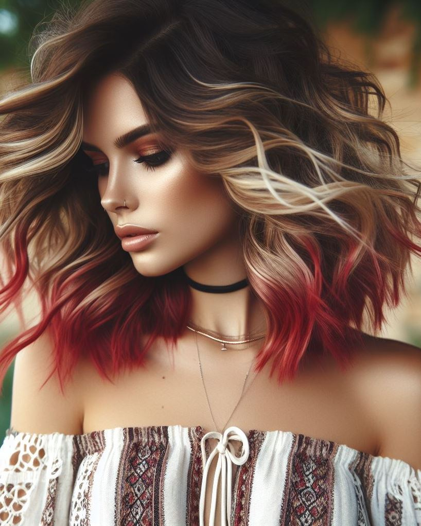 Turn heads with blonde and red highlights on dark brown hair. A bold and stunning combination that’s sure to make a statement!