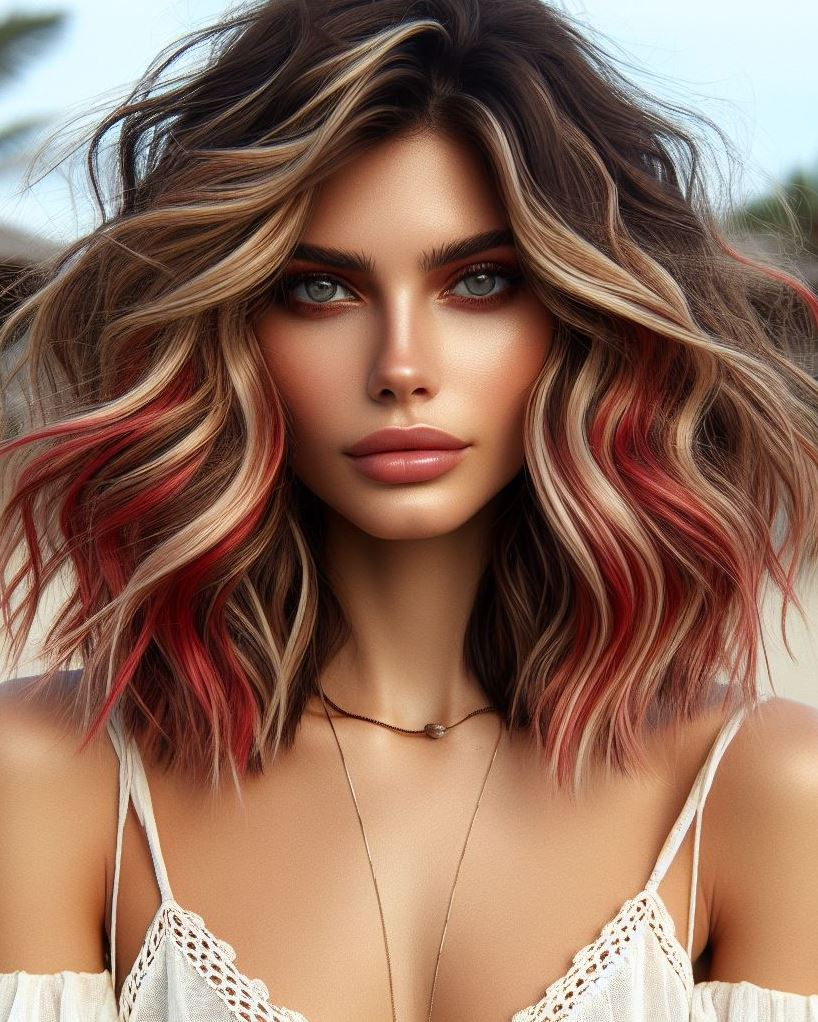 Elevate your style with blonde and red highlights on dark brown hair. A fiery mix that’s both daring and sophisticated!