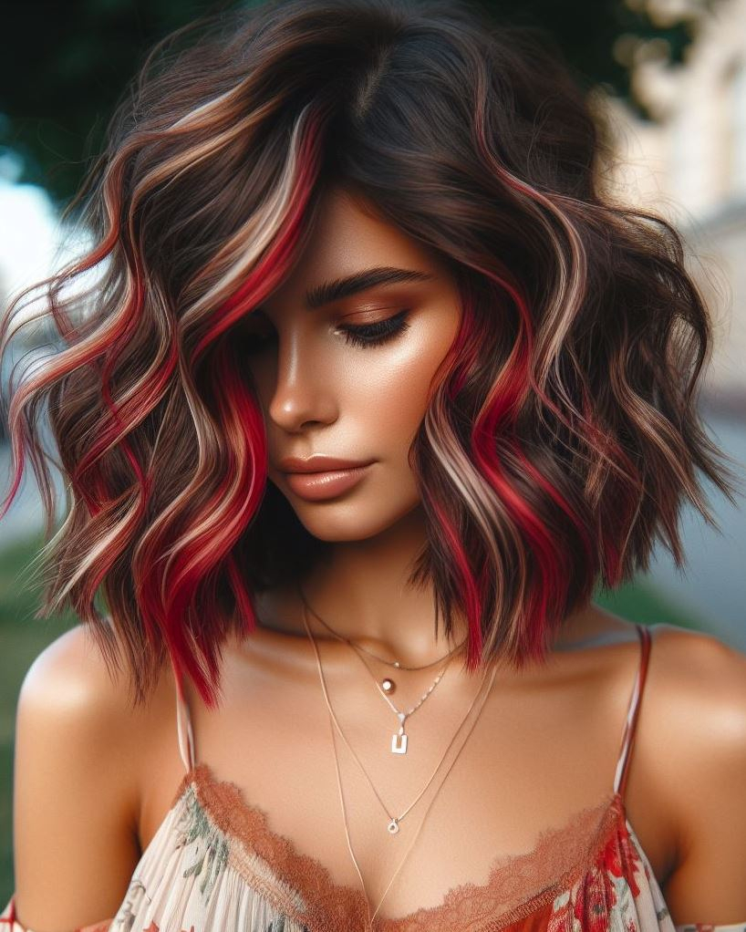 Transform your dark brown locks with blonde and red highlights. A trend that adds depth, dimension, and a whole lot of glam!