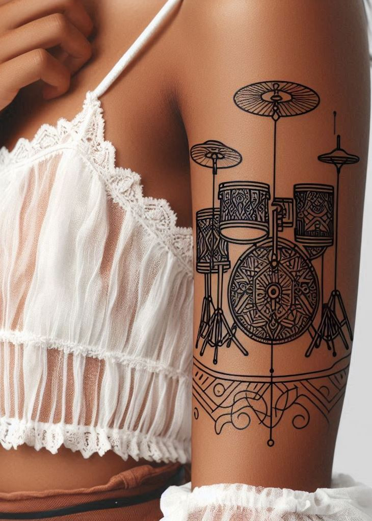 Let your love for drumming shine with these amazing drumset tattoos. Bold, creative, and perfect for music lovers!