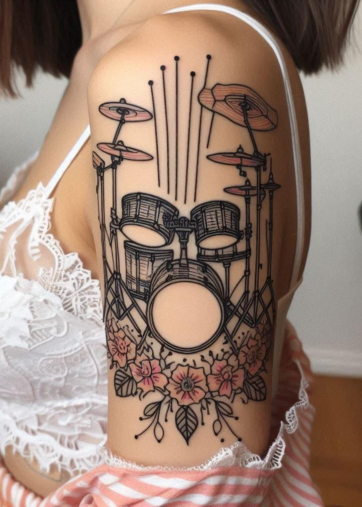Get inked with your favorite instrument! These drumset tattoos are a tribute to your love for music and rhythm.