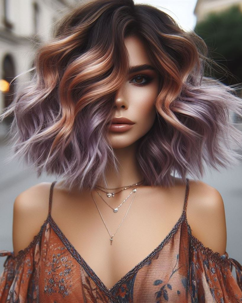 Get ready to shine with lavender copper blonde ombre hair. This whimsical and warm mix is perfect for a chic look!