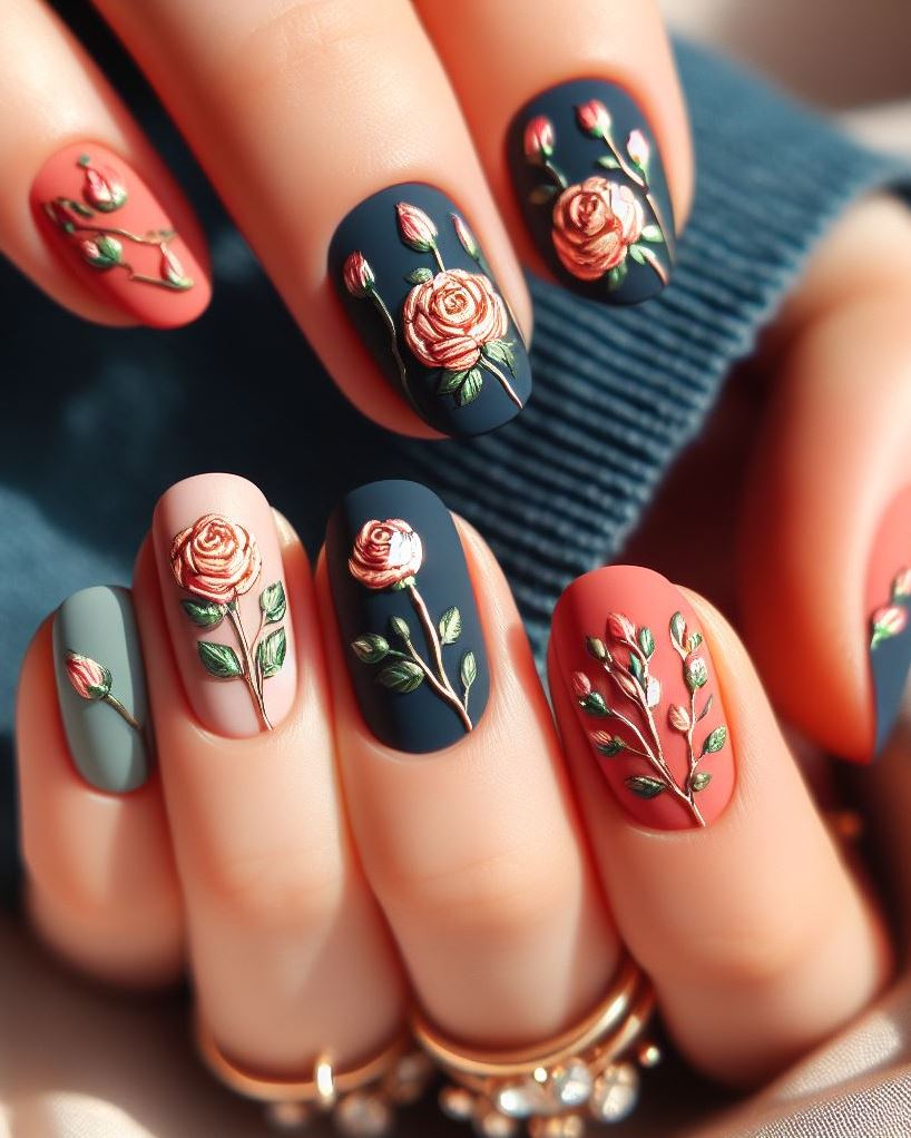 Dive into elegance with navy blue and coral pink rose nails. A perfect blend of sophistication and playful charm!