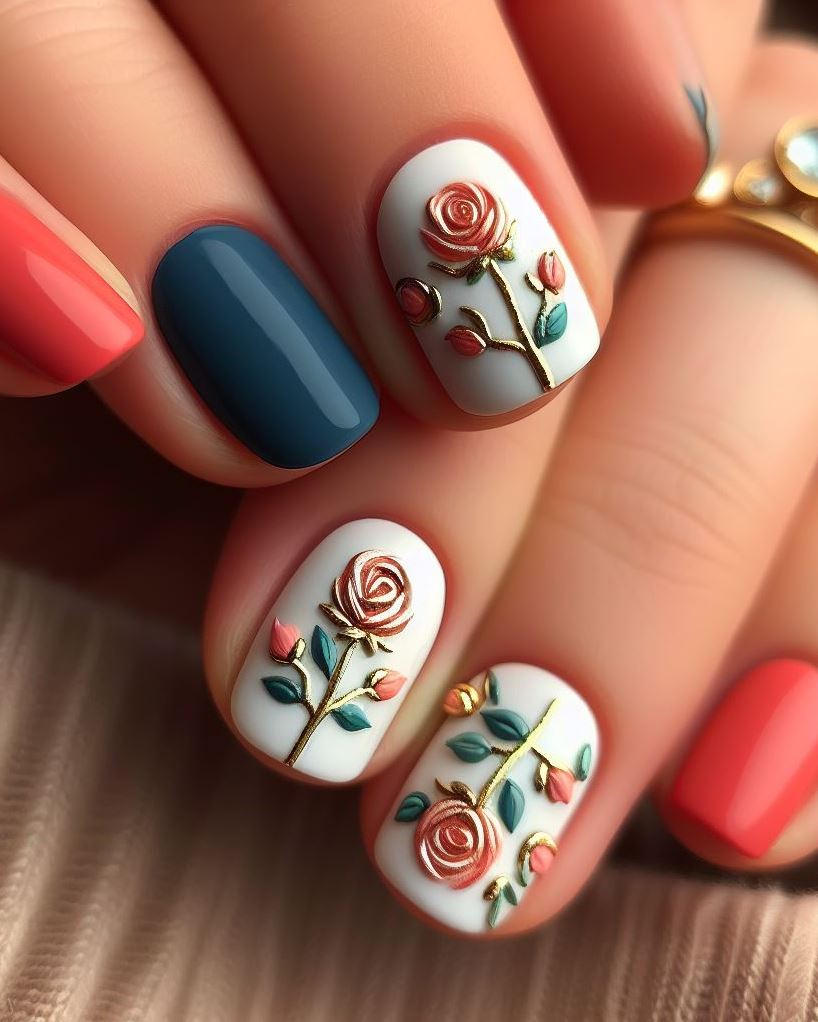 Nail your style with this gorgeous navy blue and coral pink rose art. A match made in manicure heaven!