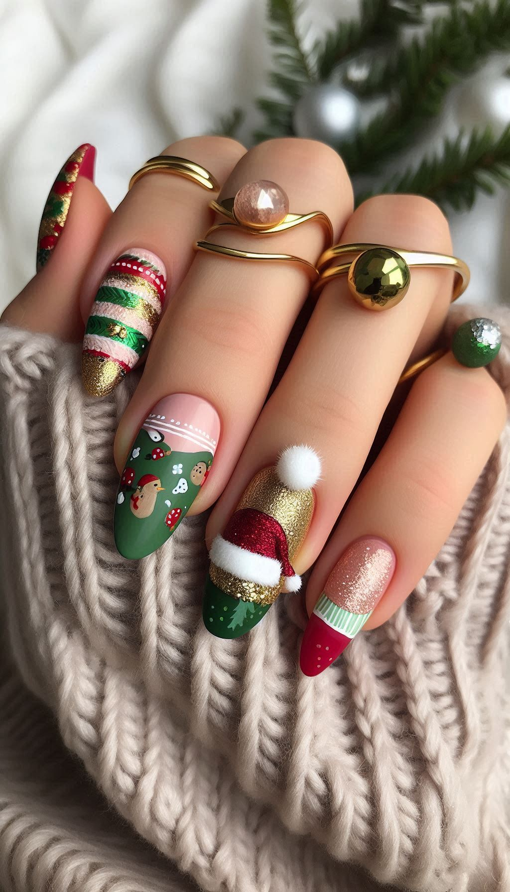 75+ Christmas Nail Art Ideas: Dazzling Holiday Styles | Pocoko Santa's coming to town... on your nails! These Santa-themed designs are sure to add some holiday cheer to your fingertips.