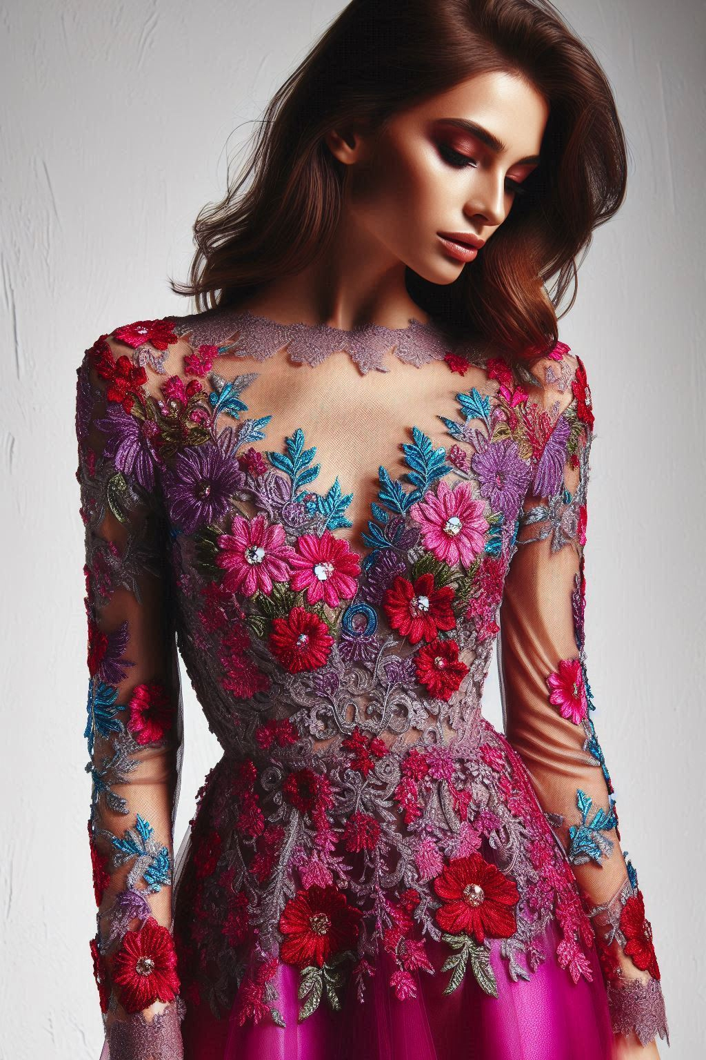 Turn heads with this stunning floral lace dress in rich red hues, accented with green and blue leaves. Perfect for making a statement at any event!
