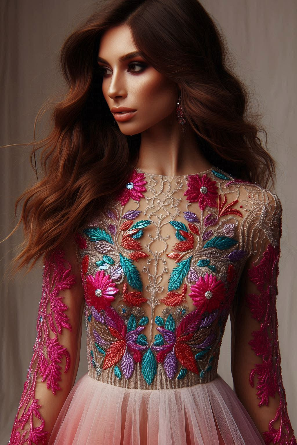Feel fabulous in this rich red floral lace dress. The green and blue leaf accents create a captivating, nature-inspired look.
