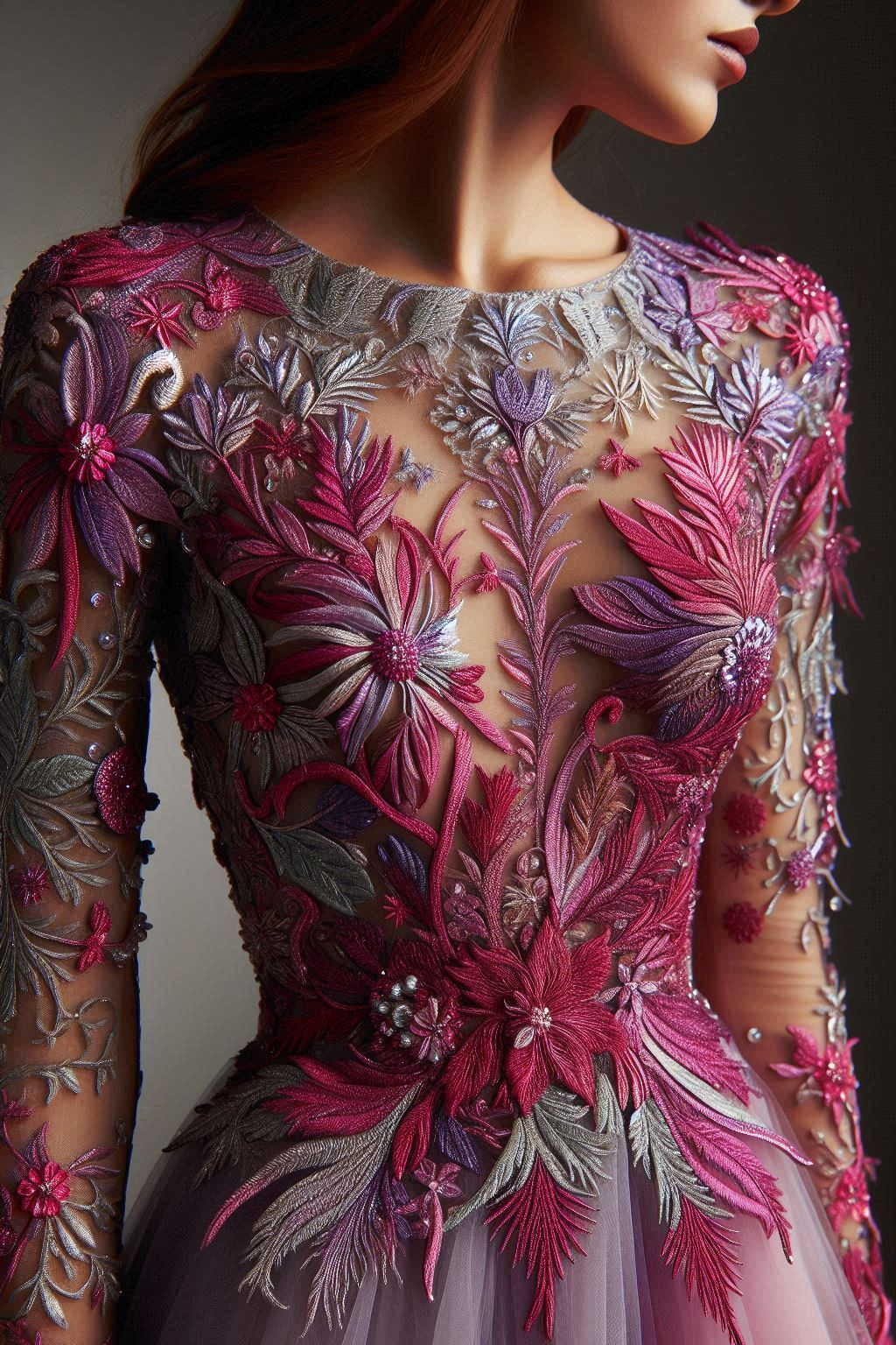 This floral lace dress combines rich red hues with green and blue leaves for a design that's both bold and elegant. Perfect for any special occasion!