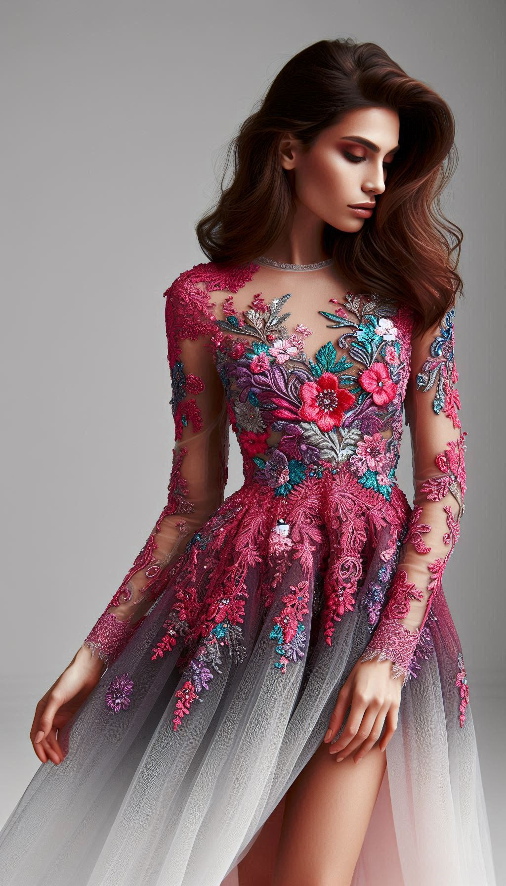 Turn every head with this stunning rich red floral lace dress. The green and blue leaf accents add a touch of nature's charm to your ensemble.