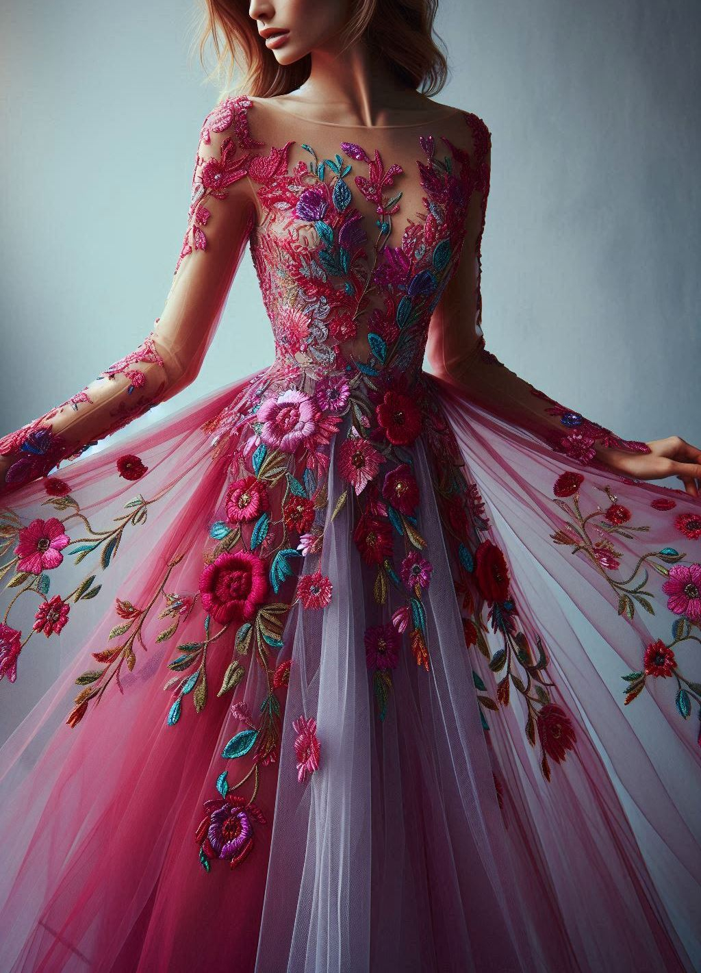 Feel enchanting in this rich red floral lace dress. The green and blue leaf accents create a stunning, nature-inspired design.