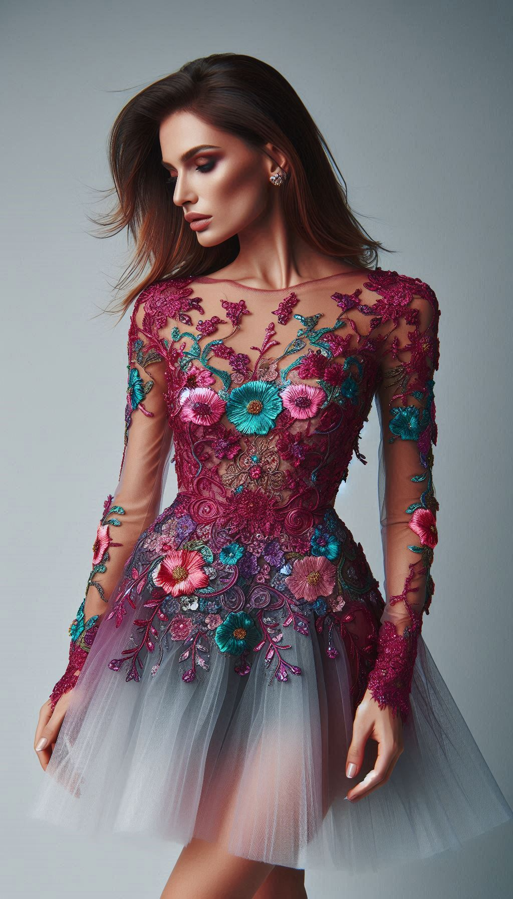 This floral lace embroidered dress features rich red tones with accents of green and blue leaves. Perfect for making a bold, elegant statement!