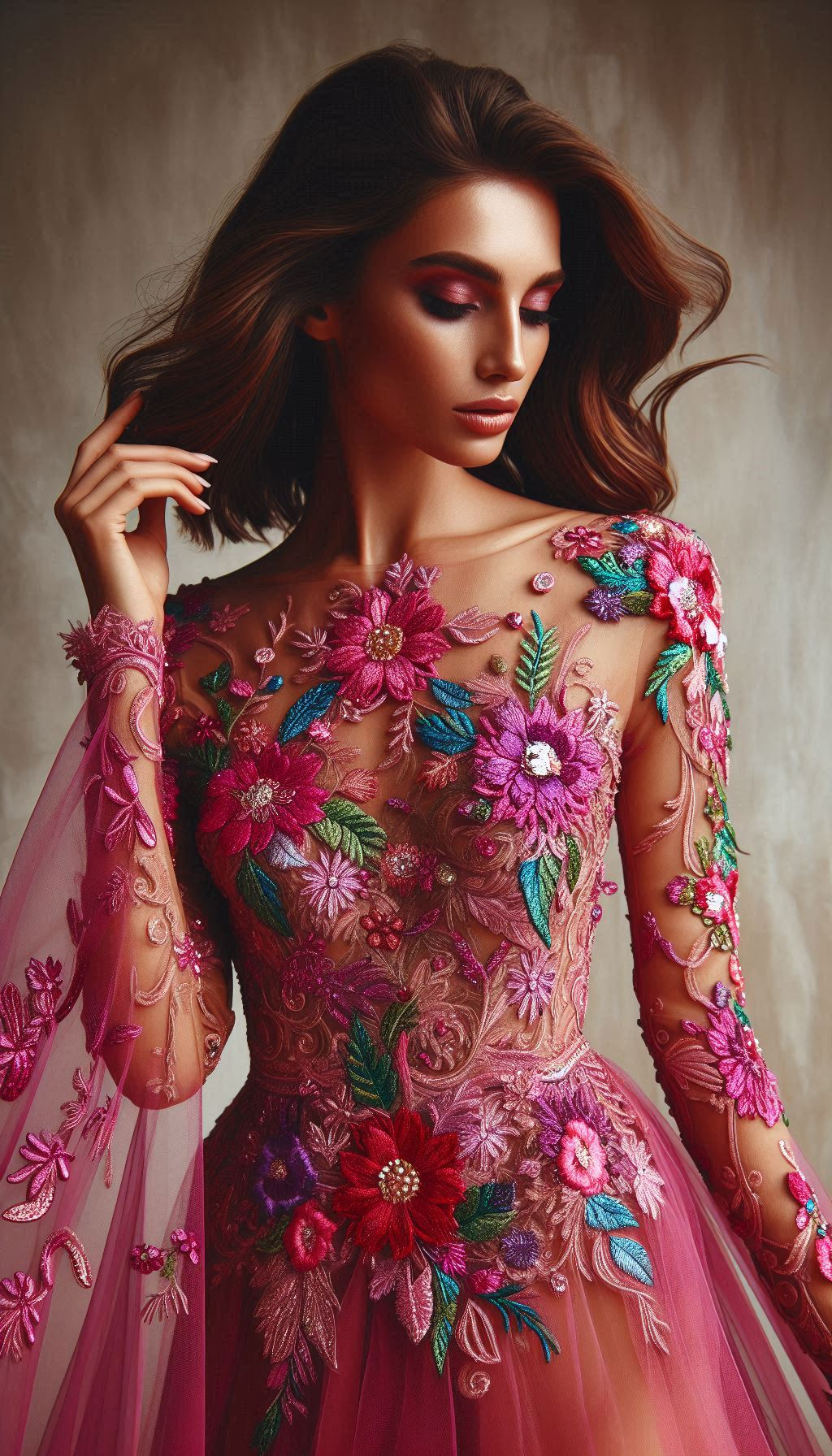 Step into elegance with this floral lace embroidered dress. The rich reds and vibrant green and blue leaves create a captivating and sophisticated look.