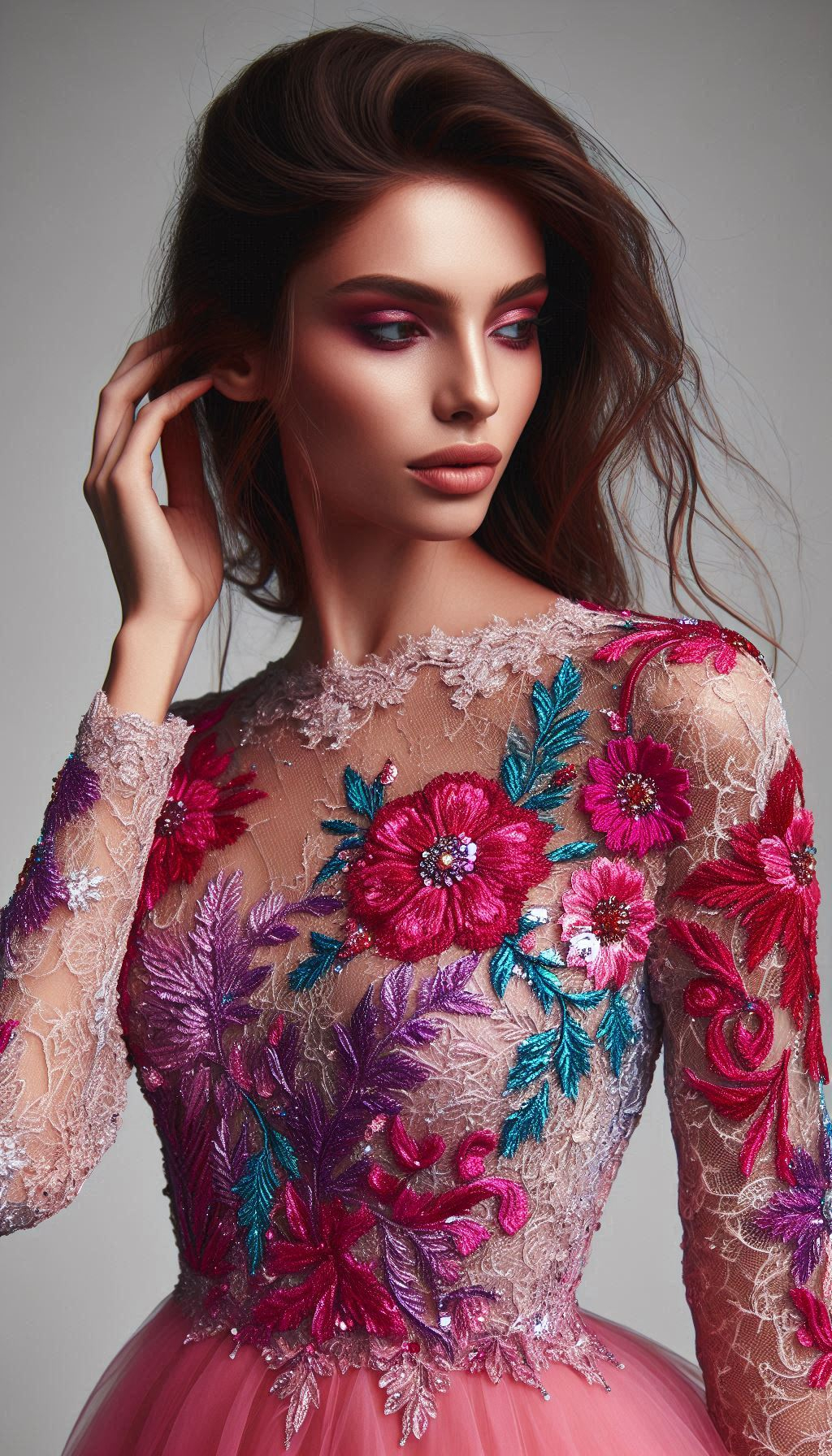 Add a pop of color to your wardrobe with this floral lace dress. The rich red, green, and blue hues create a stunning, eye-catching design.