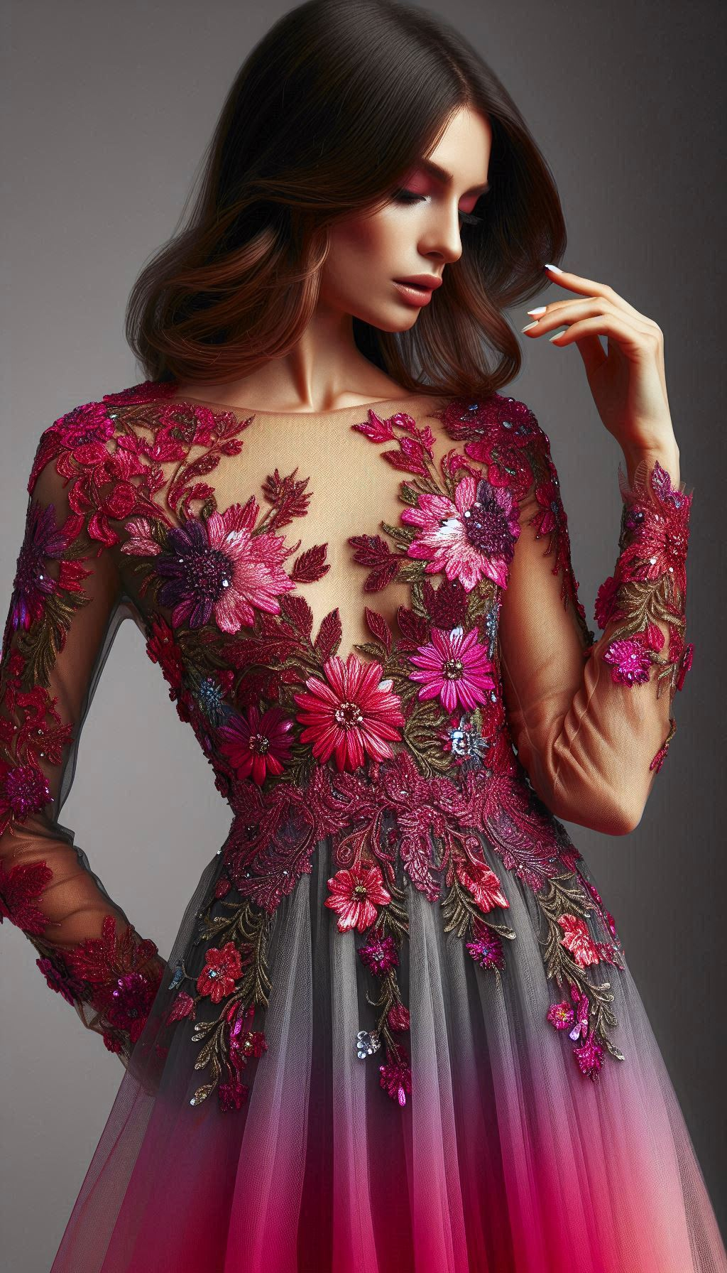 This floral lace embroidered dress features rich red tones with accents of green and blue leaves. It's a perfect choice for a vibrant, elegant look!