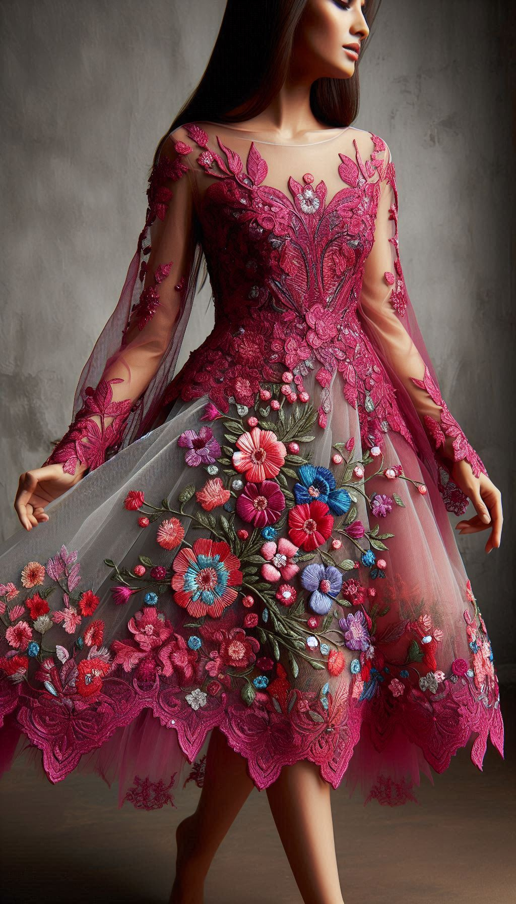 Capture everyone's attention with this rich red floral lace dress. The green and blue leaf accents add a touch of nature's beauty to your ensemble.