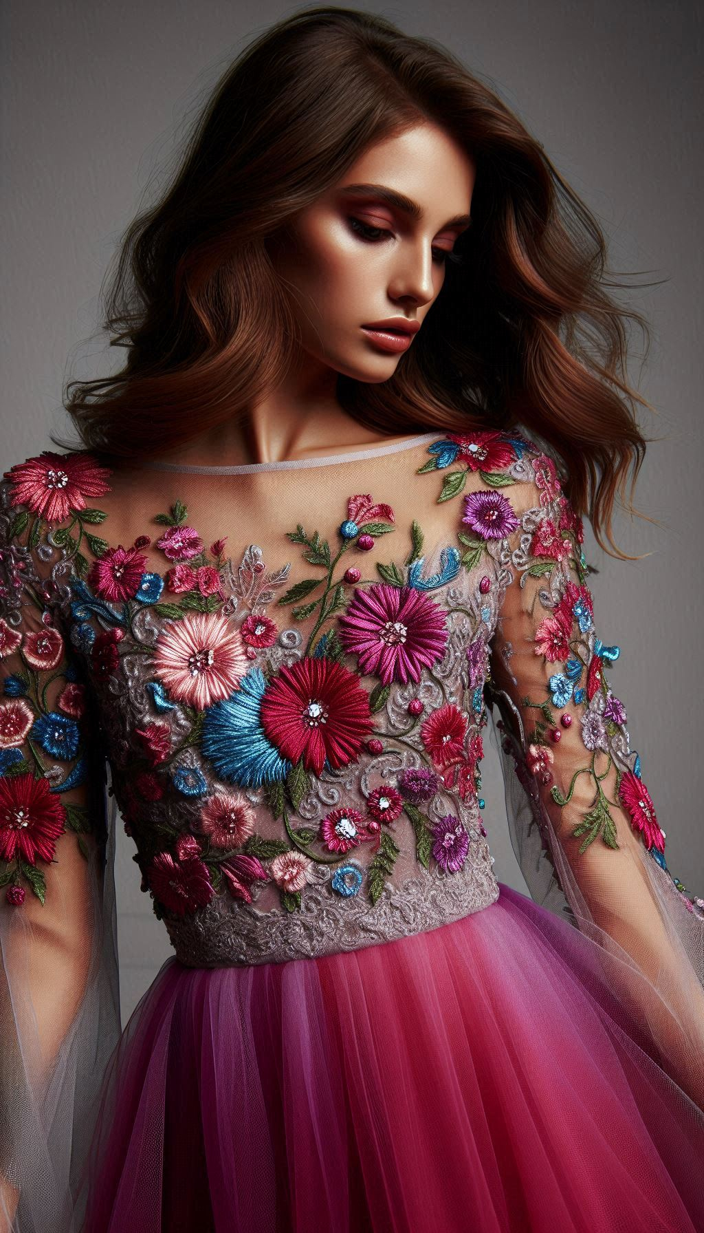 Step out in style with this rich red floral lace dress. The green and blue leaf accents create a stunning, vibrant design that's perfect for any event.