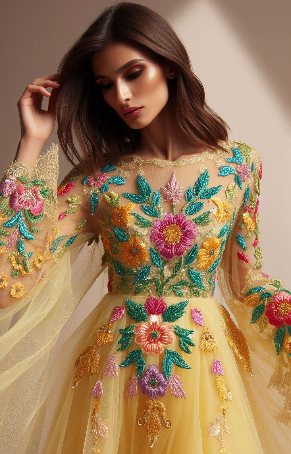 Turn heads with this bright yellow floral lace dress. Perfect for making a bold fashion statement!