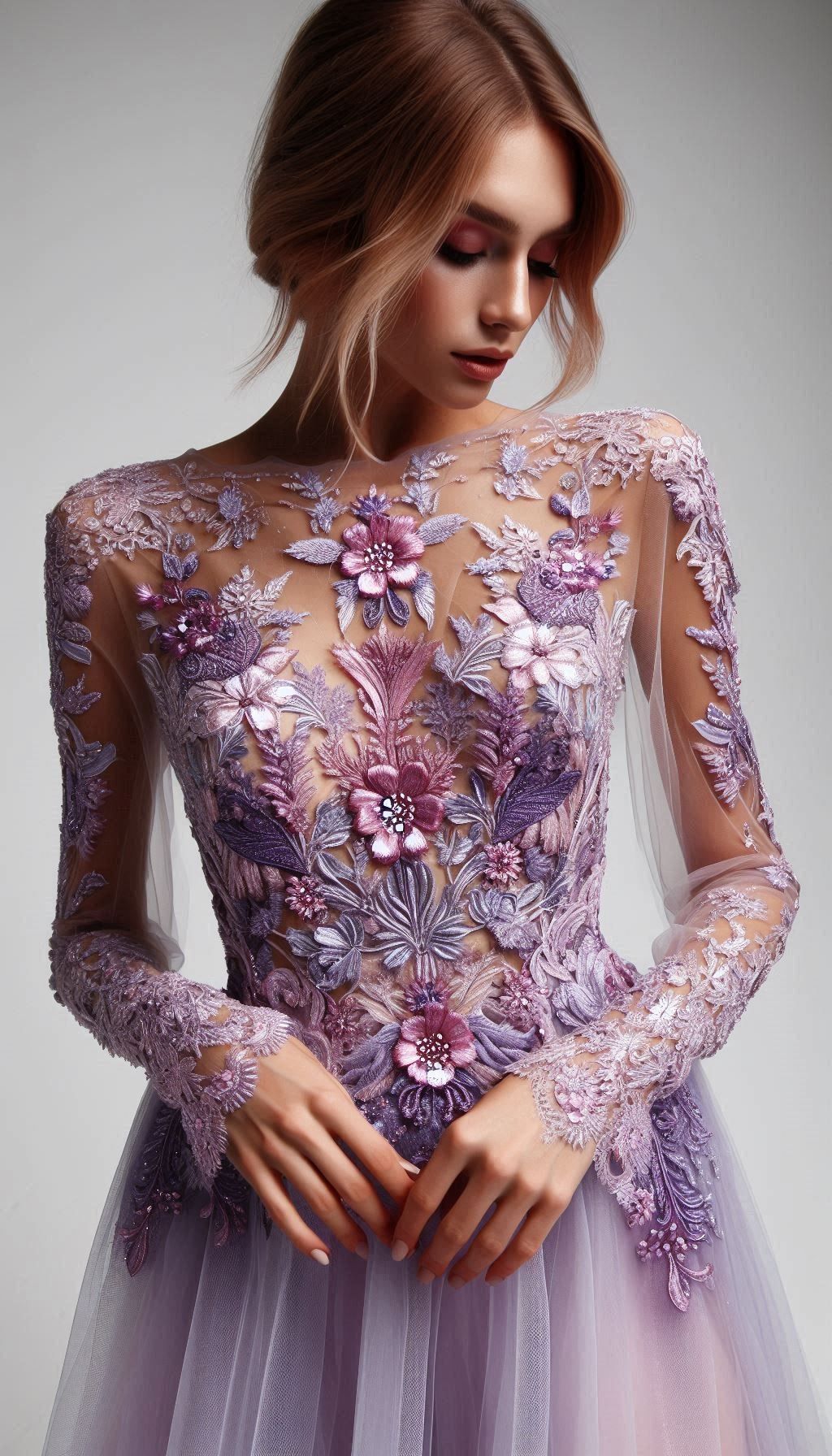 Embrace the magic of twilight with this stunning floral lace dress. Shades of purple and lavender make it an instant classic!