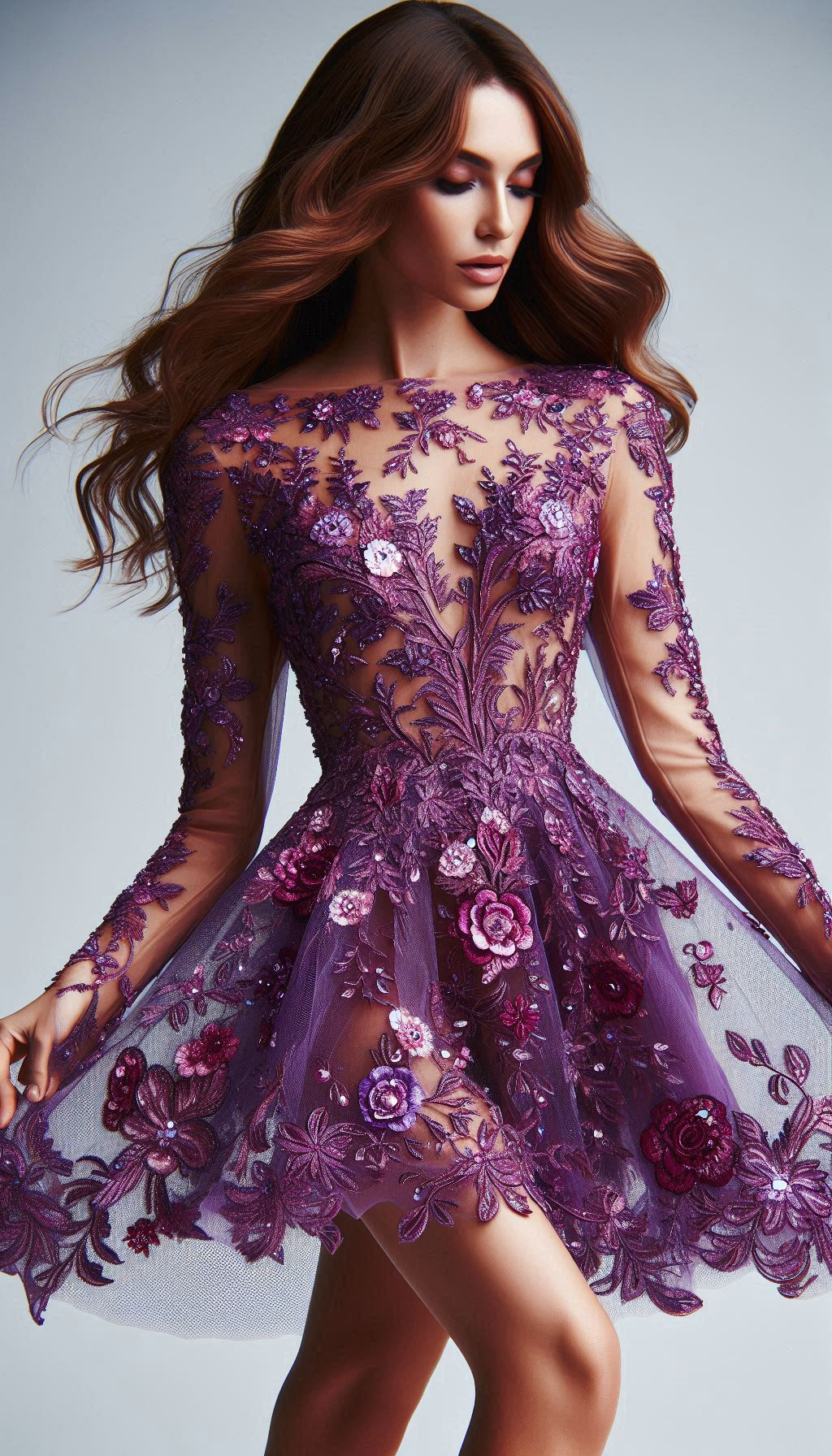 Transform your look with this floral lace embroidered dress. The soft hues of purple and lavender add a touch of romance to any event!
