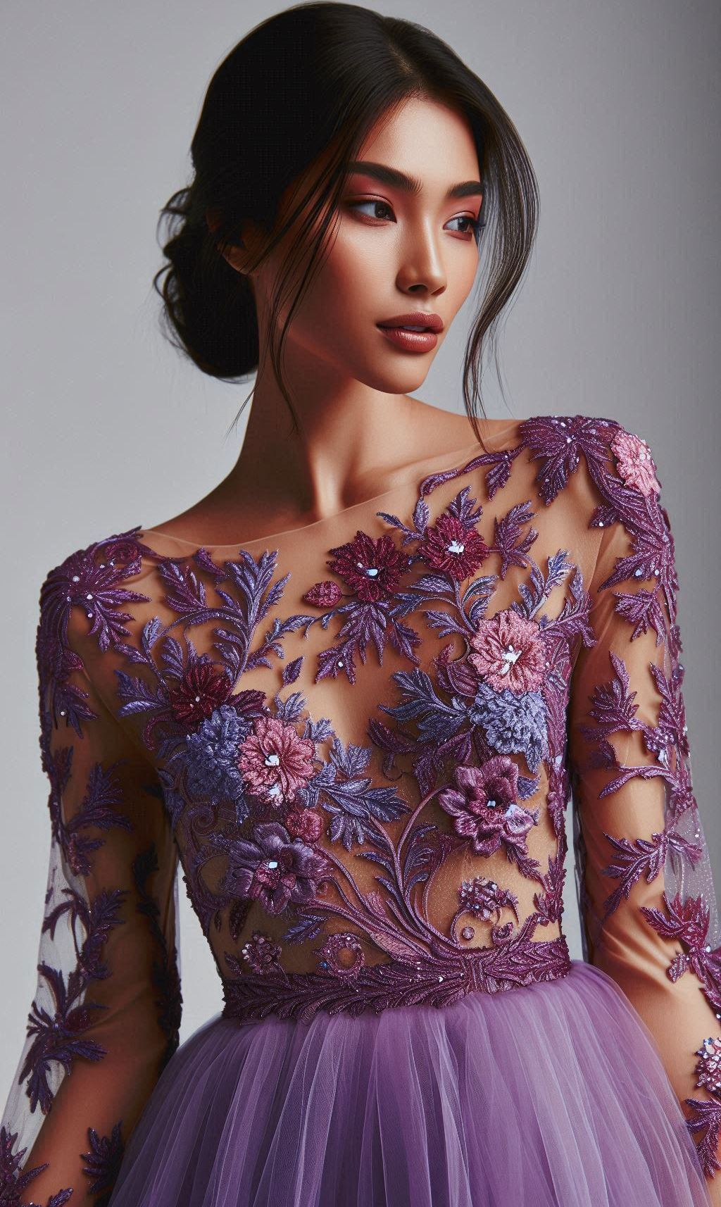 Feel like royalty in this elegant floral lace dress. The blend of purple and lavender hues is simply enchanting!