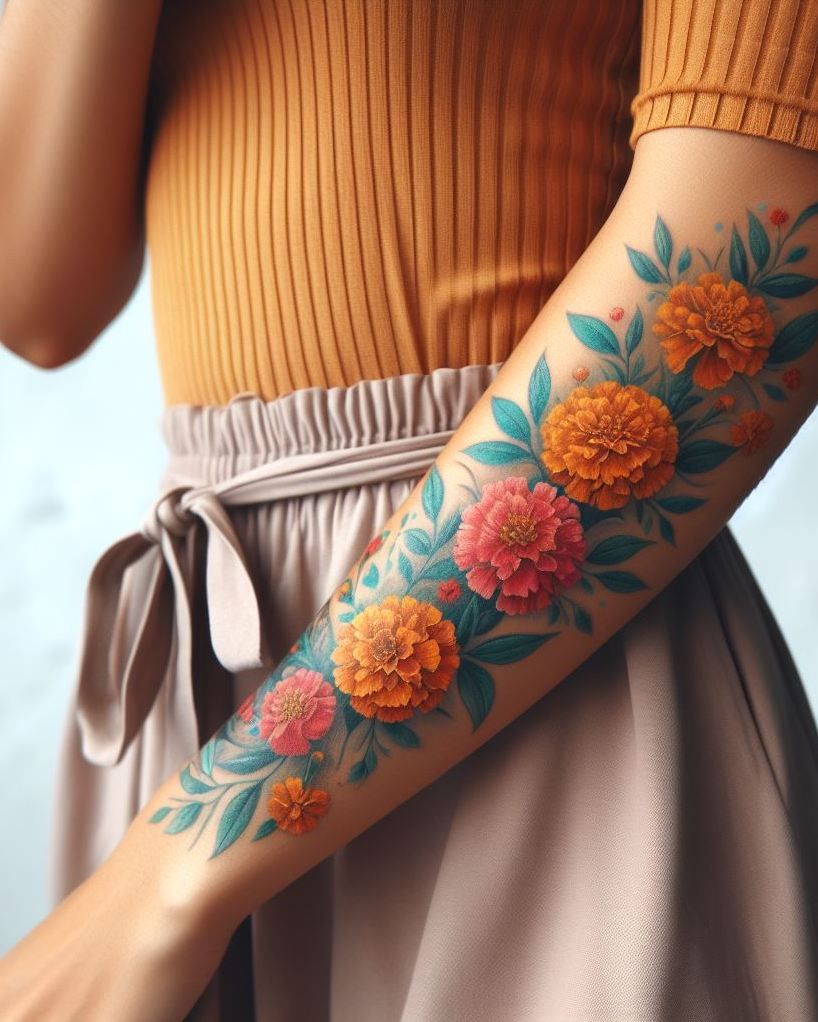 Decode Your Destiny: Meaningful Birth Flower Tattoo Ideas | Pocoko Celebrate October with a vibrant Marigold garland tattoo. These fiery blooms embody warmth and passion, making them perfect for autumn's festive spirit.