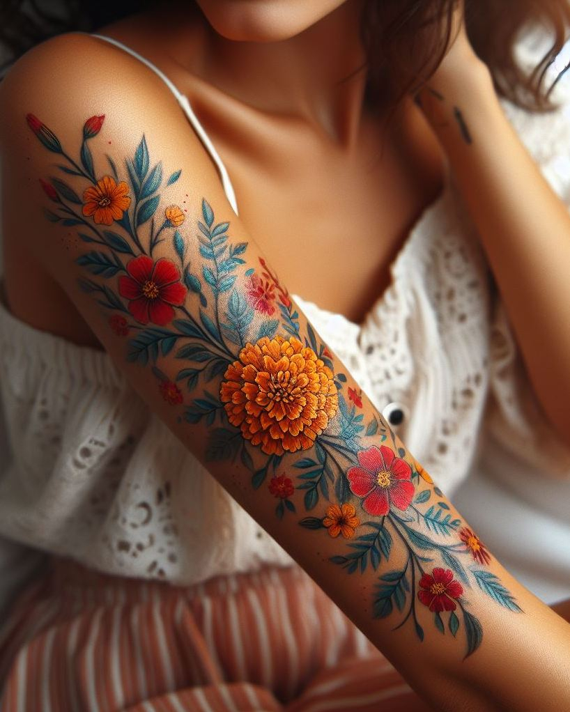 Decode Your Destiny: Meaningful Birth Flower Tattoo Ideas | Pocoko Embrace the beauty of October with a Marigold garland tattoo. These stunning flowers add a touch of seasonal charm and elegance to your ink.