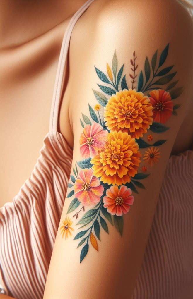 Decode Your Destiny: Meaningful Birth Flower Tattoo Ideas | Pocoko Show off your October pride with a Marigold garland tattoo. These bright blooms capture the essence of fall, symbolizing warmth and positivity.