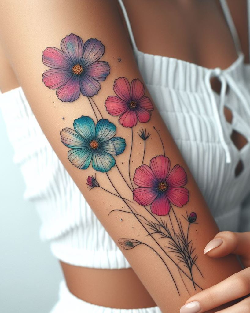 Decode Your Destiny: Meaningful Birth Flower Tattoo Ideas | Pocoko Embrace October with a whimsical Cosmos bouquet tattoo. These ethereal flowers capture the beauty of autumn and add a touch of magic to your ink!