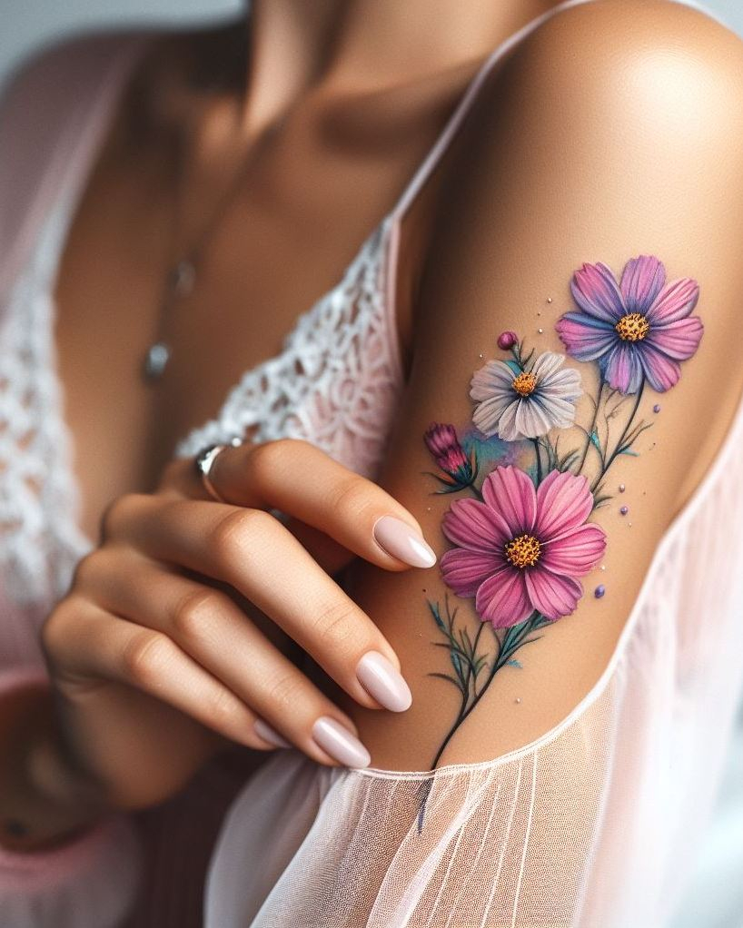 Decode Your Destiny: Meaningful Birth Flower Tattoo Ideas | Pocoko Celebrate the charm of October with a stunning Cosmos bouquet tattoo. These delicate blooms symbolize harmony and serenity, perfect for a graceful design!