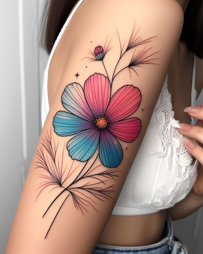 Decode Your Destiny: Meaningful Birth Flower Tattoo Ideas | Pocoko Show off your October spirit with a beautiful Cosmos bouquet tattoo. These enchanting flowers add a burst of color and elegance to your body art!
