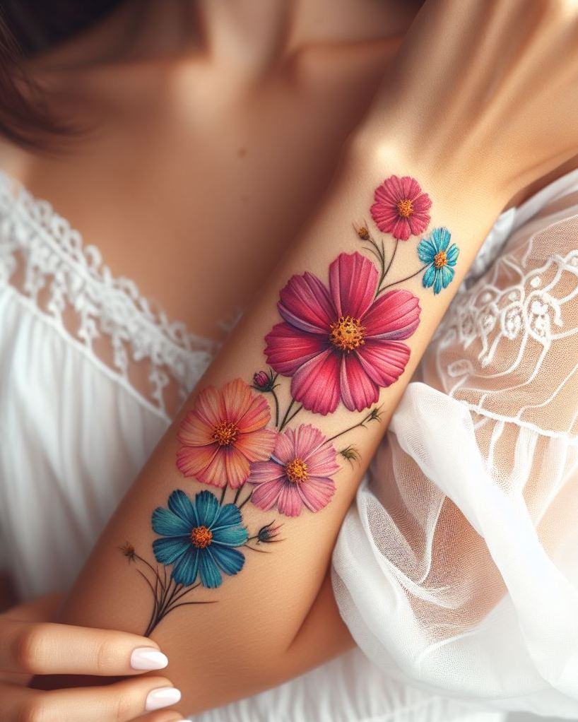 Decode Your Destiny: Meaningful Birth Flower Tattoo Ideas | Pocoko Adorn yourself with the elegance of October's Cosmos bouquet tattoo. These vibrant flowers bring a sense of calm and beauty, making for a captivating design!